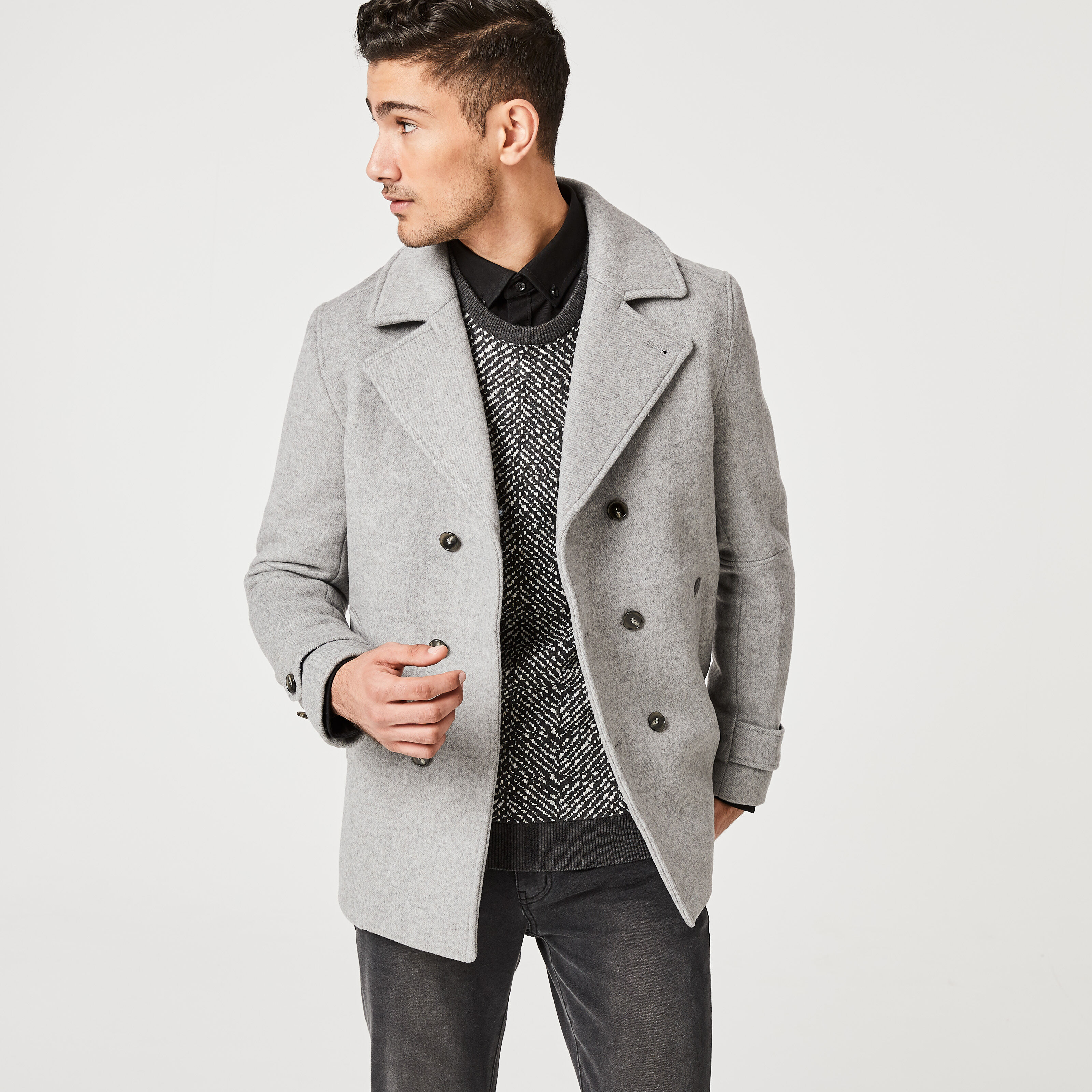 Revesby Lt Grey Db 2 Tone Twill Peacoat Wool Blend Coats